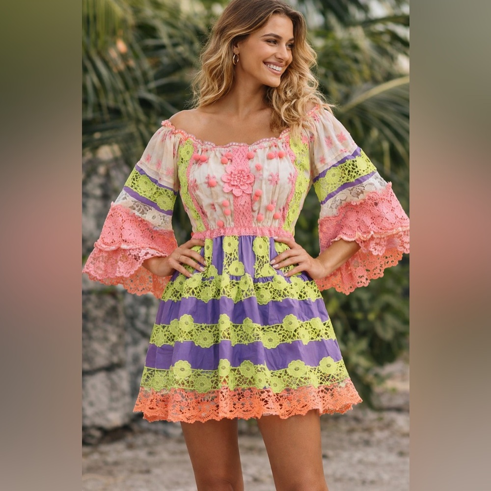 Antica Sartoria Lace Boho Mini Dress Colorful Crochet Trim One Size